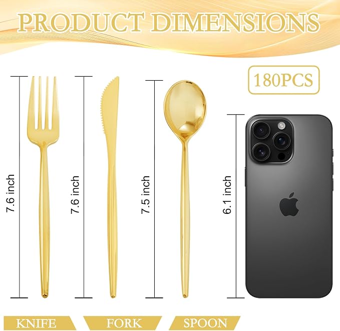 Supernal 180 Pcs Gold Plastic Silverware Set: Heavy Duty Disposable Cutlery for 60 Guests (60 Forks, 60 Spoons, 60 Knives) - Elegant Bulk Plastic Utensils for Weddings, Birthdays, and Party