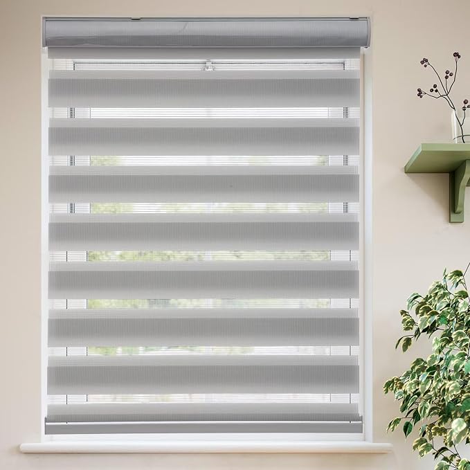 MYshade Roller Shades Zebra Blinds for Indoor Windows Cordless Day and Night Light Filtering Dual Layer Roller Window Blinds & Shades, Easy to Install, 34.5" W x 72" H, Grey