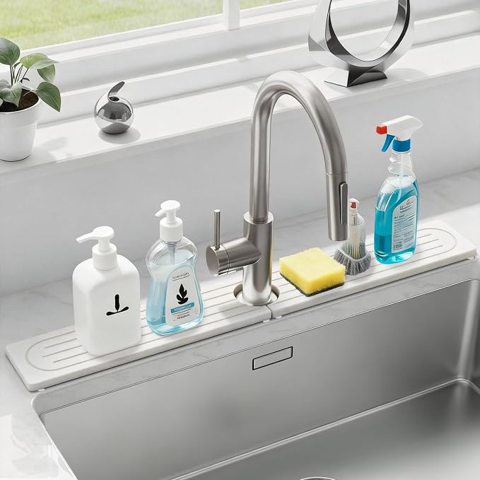 Drying Stone Faucet Mat for Kitchen Sink, 23.9 Inch Long Kitchen Sink Splash Guard Behind Faucet, Stone Drying Tray, Ultra Fast Absorbing Mat Diatomaceous Earth, Pure white