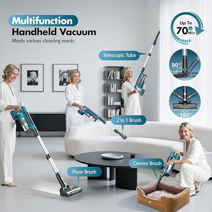 700W Cordless Vacuum Cleaners for Home with 2*Battery 8000mAh,Brushless Rechargeable Stick Vacuum with 3 Mode, 6 in 1 Portable Handheld Cordless Vacuum for Pet Hair/Hardwood Floor/Dorm (Blue)