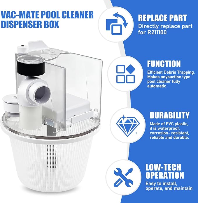 R211100 Vac-Mate Pool Cleaner Dispenser Box,Replacement Multi-Function Skimmer Attachment, Comes with Basket, Pressure Gauge & Install Kit, Fits Pentair, Certikin, Filtrite, PoolRite | Multi-Function Skimmer Attachment