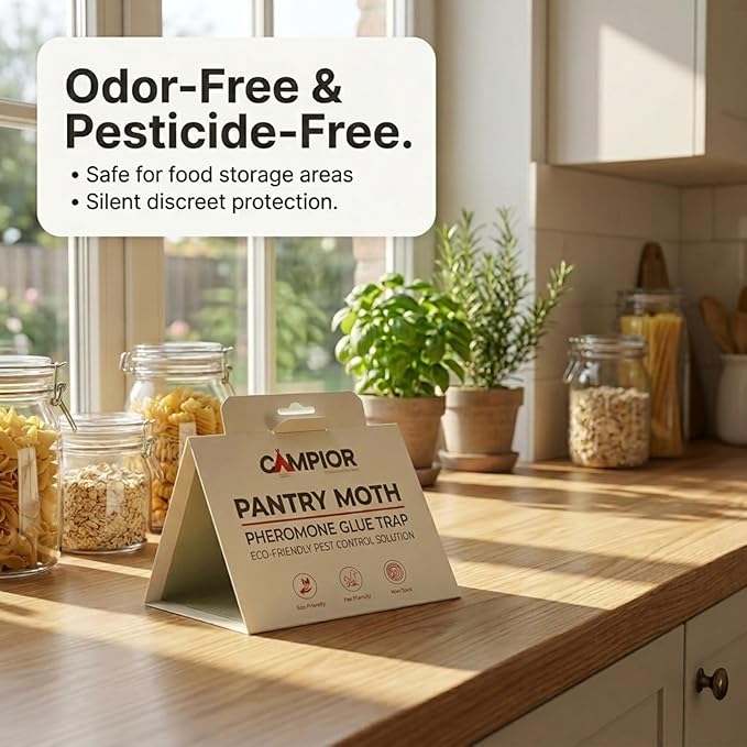 Pantry Moth Traps with Pheromones (12 Pack) – Non‑Toxic, Odor‑Free Sticky Glue Traps for Pantry Moth Treatment & Prevention, Targets Web‑Spinning Food Moths, for Kitchens & Food Storage