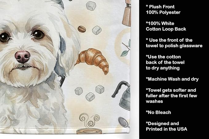 Caroline's Treasures White Havanese Coffee Bar Kitchen Towel Velour Plush Front and Cotton Loop Back Machine Washable