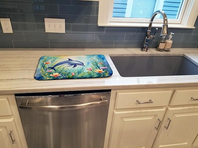 Caroline's Treasures Spring Dolphin Dish Drying Mat Absorbent Dish Drying Mat Pad for Kitchen Counter Dish Drainer Mat for Countertop, 14 x 21", Multicolor