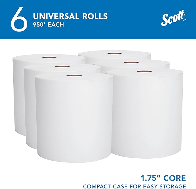 Scott Professional Essential Universal High-Capacity Hard Roll Paper Towels, Bulk (02000), Hardwound 1.75" Core, White, Compact for Easy Storage (6 Rolls at 950' Each, 5,700'/Case)
