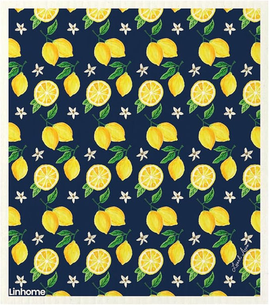 Lemon Collection Swedish Dishcloth, Reusable Paper Towel, Super Absorbent Cellulose Sponge, Washable Kitchen Cleaning Cloth (Navy Lemons - 1 Pack)