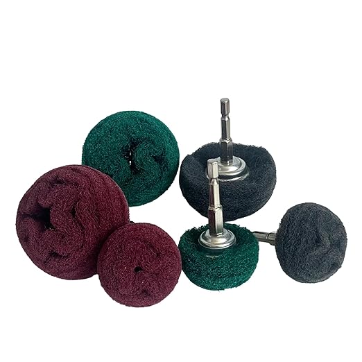 6PCS Non Woven Abrasive Buffing Polishing Wheel Drill Attachment Set,Scouring Pads Power Scrubber Cleaning Kit, Power-Operated Abrasive Wheels Red Green Gray 1/4” Hex Shank 320# 180# 800#
