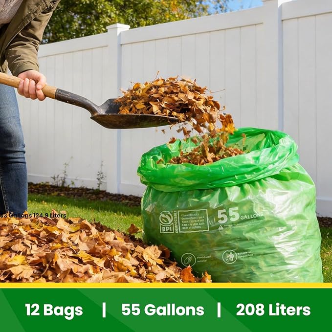 55-60 Gallon Compostable Trash Bags Liners, Heavy Duty Extra Thick 1.57 Mil, 208.2 Liter, 12 Bags, Lawn, Yard, and Restaurant Use, ASTM D6400, US BPI Certified