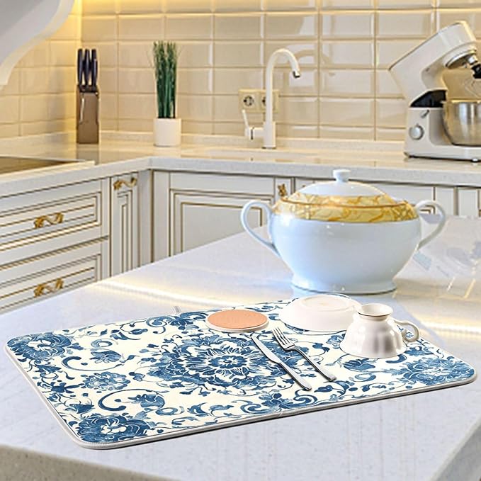 Dish Drying Mat Kitchen Mat Large Size 18 x 24 Blue White Floral Washable Dishes Drainer Mat for Countertop