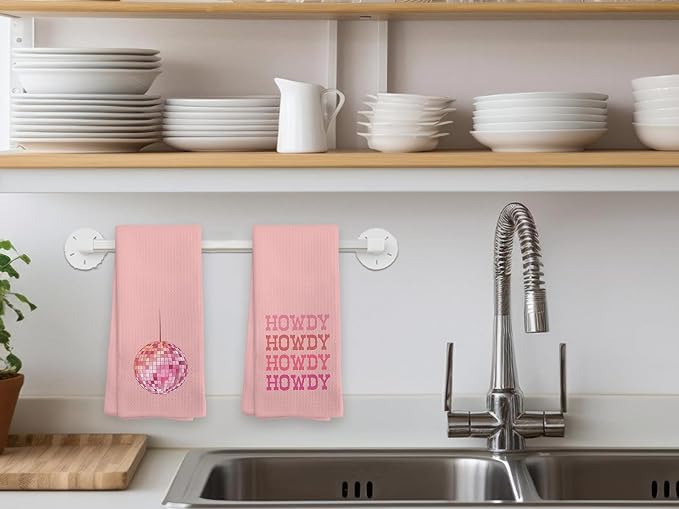 Pink Preppy Kitchen Towels Dish-Cloths Set of 4, Howdy Barthroom Dorm Towels, Teen Girl Bathroom Decor, Preppy Howdy Disco Ball Hand Towels, Women Teen Girls Gifts,16 x 24 inches