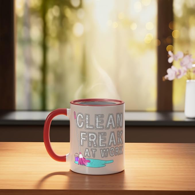 Clean Freak at Work Cleaning Ceramic Mug, Red/White