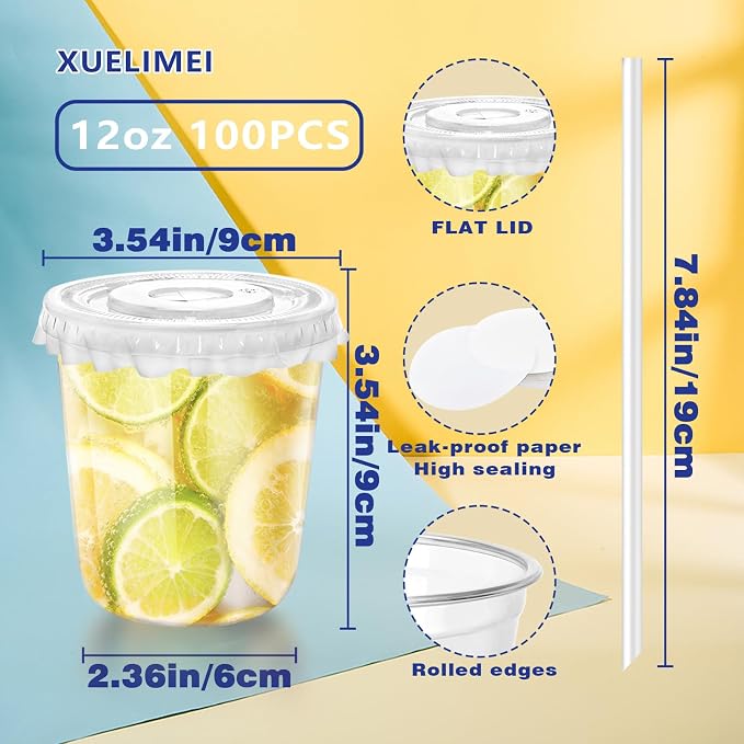 12oz Disposable Stemless Glasses with Flat Lids and Straws,PET Disposable Drinking Cups,Clear Plastic Wine Glasses for Parties Birthday,Wedding,Meeting,Christmas Party Supplies. (100, Transparent)
