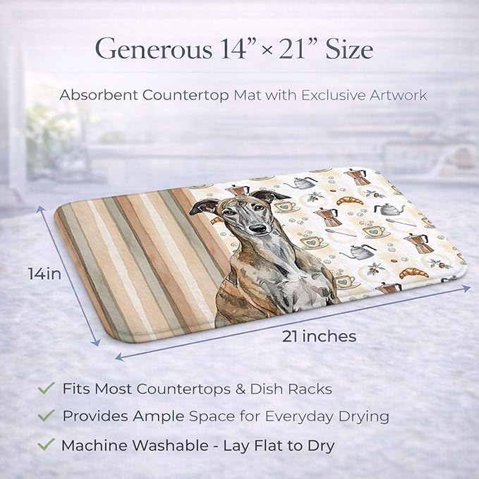 Caroline's Treasures Brindle Greyhound Coffee Bar Dish Drying Mat Absorbent Dish Drying Mat Pad for Kitchen Counter Dish Drainer Mat for Countertop, 14 x 21", Multicolor