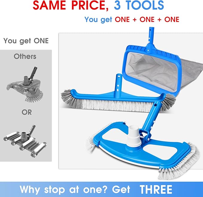 3-in-1 TidyMister Pool Cleaning Kit – Deep Grabber Pool Net, 17.5" Scrub Brush,Weighted Vacuum Head for Leaves, Algae & Debris | Essential Cleaning Set for Above Ground, Inground Pools, Spa, Hot Tub