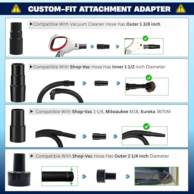 Vacuum Attachments & Brushes Kit with Universal Hose Adapter – Vacuum Attachments Compatible with Shop Vac Hose 2-1/2'', 1-3/8" & 1-1/4'' - Horse Hair Dust Brush, Upholstery Tool and More