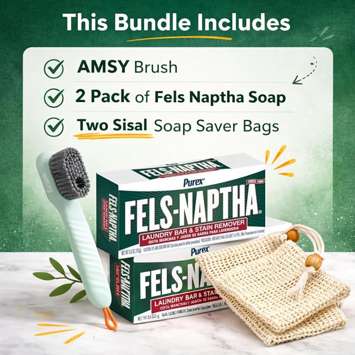 AMSY Stain Remover Bundle - Laundry Brush with Soap Dispenser & 2 Sisal Pouches Bundled with 2 Pack of Fels Naptha Laundry Bars