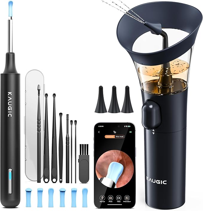 KAUGIC Ear Wax Removal - One-Hand Manual Ear Cleaner with Camera, 7 PCS Ear Spoons, Safe Ear Irrigation Kit for Adults (Blue)