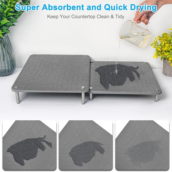 3Pcs Nesting Stone Drying Mat for Kitchen Counter, Quick Drying Stone Dish Drying Mat with Non-Slip Feet, Super Absorbent Heat Resistant Diatomaceous Earth Dish Drying Mat for Dishes, Bottles-Wave