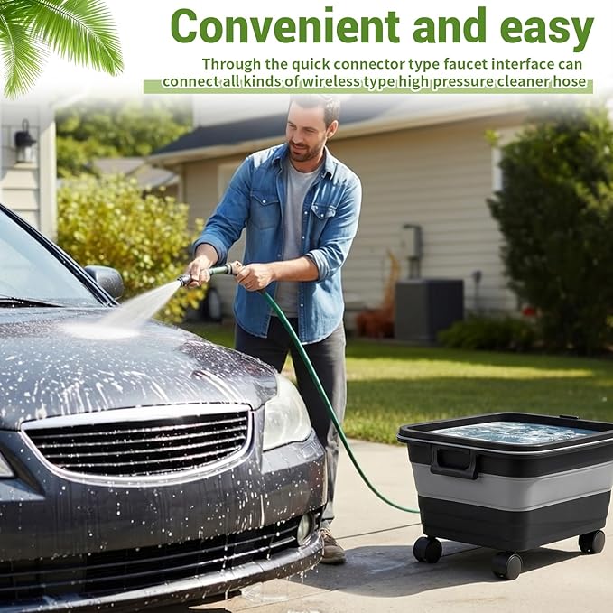 Maxdot Car Wash Bucket with Wheels Lid and Handle, 5.5 Gallon Collapsible Rolling Wash Bucket with 2 Microfiber Mitts for Car Cleaning, Camping, Rv & Pet Bathing