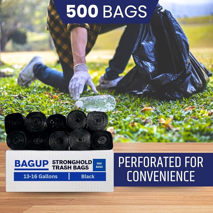 Bag Up 13 Gallon Everyday Use Trash Bags | 500 Count Bulk | Black | Garbage Bags | Bin Liners | for Domestic Use | Office Use | 13–16 Gallons | 24 x 33 Inches