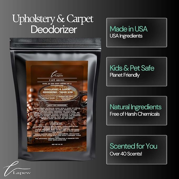 Lapew Café Aroma Carpet Deodorizer Powder - Pet Safe Freshener for Vacuuming | Scented Odor Eliminator for Home | 36 oz