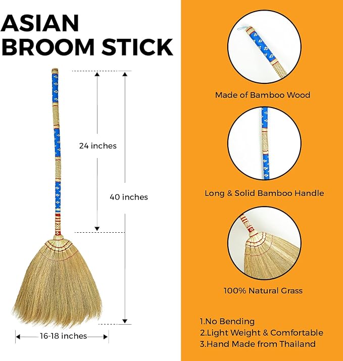 Asian Natural Grass Broom with Bamboo Stick Handle Handmade for Sweeping Hard Wood, Tile, Cement Floor (Thai Pattern 2, Blue 1)