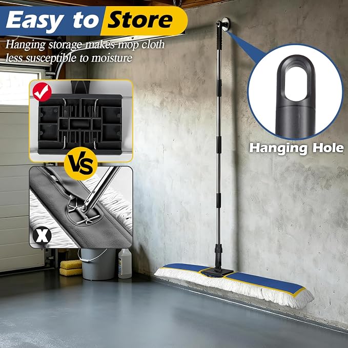 MASTERTOP 40" Commercial Dust Mop for Floor Cleaning, Heavy Duty Flat Mop | Industrial 64" Long Handle Push Broom with 2 Cotton Pads for Hardwood, Tile, Laminate, Concrete, Warehouse & Gym Cleaning