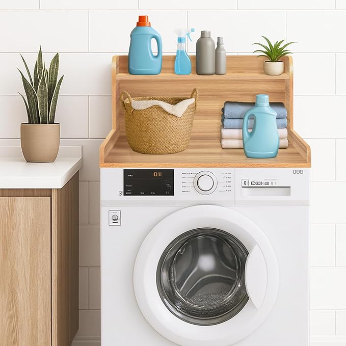 Royxen Washer Dryer Countertop with Shelf,2-Tier Laundry Countertop for Single Washer and Dryer,Soild Wood Core Washer Dryer Topper for Laundry Room Organization (Oak)