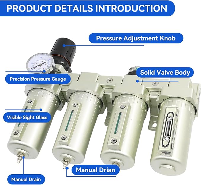 1/2" Air-Dryer-for-Compressor, 4 Stage 3Filter&1Dryer System,Manual Drain | NPT Industrial Grade Air-Compressor-Water-Separator-System for Plasma Cutter and Paint Spray