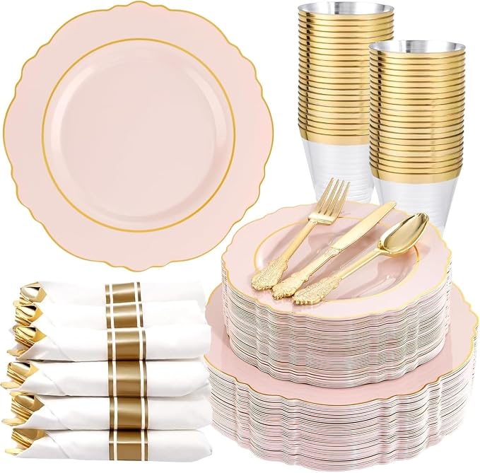 Liacere 350PCS Pink Plates Disposable-PinK Plates 50guest Baroque Plastic Dinnerware include 100Plates, 50Pack Pre Rolled Napkins with Silverware 50Cups Perfect for Wedding & Party & Baby shower