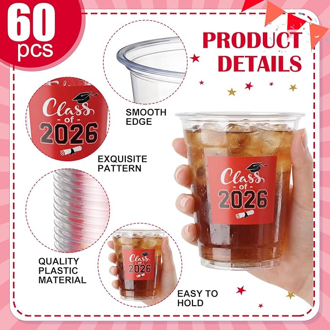 Amyhill 60 Pack 12oz Graduation Cups 2026 Graduation Decorations Disposable Plastic Cups Sturdy&Durable Drinkware for Class of 2026 Decorations Congrats Grad Party Favors Supplies (Red)