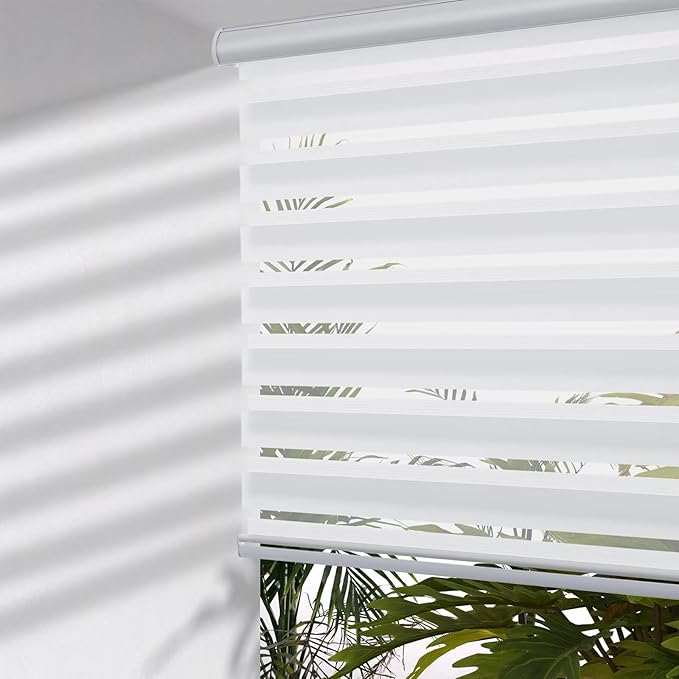 MYshade Cordless Zebra Blinds with Free-Stop Function - Dual Layer Light Filtering & Privacy Sheer Shades for Day and Night - Easy Install Window Shades for Home, Living Room, 27" W x 72" H,White