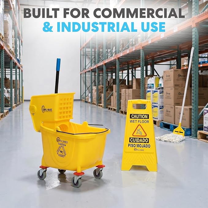 Simpli-Magic Commercial Mop Bucket with Side Press Wringer, 26 Quart – 50,000 Cycles Wringer – Industrial Mop Bucket with Wheels, Yellow