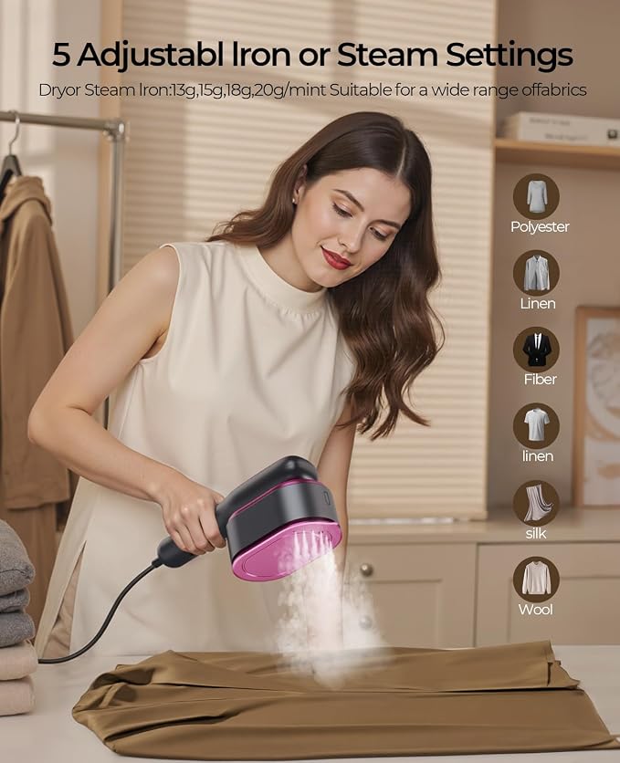 Travel Steamer for Clothes Portable:1200W Steam Iron for Clothes with 𝟏𝟓𝐬 𝐇𝐞𝐚𝐭 𝐔𝐩, 𝟓 𝐒𝐭𝐞𝐚𝐦 Settings - 350°F Large Ceramic Panel, Anti-Drip, 2-in-1 Handheld for Home