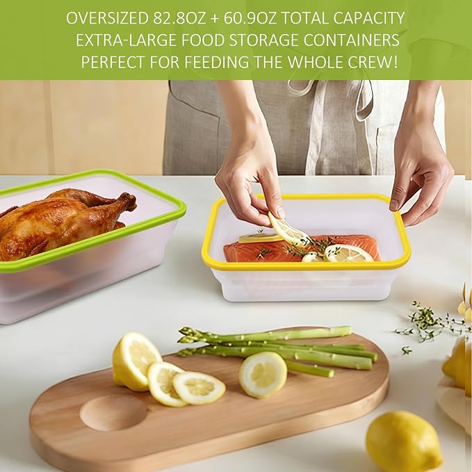 Set of 2 Extra Large Translucent Collapsible Silicone Food Storage Containers With Lids,82.8oz + 60.2oz Meal Prep Bento Lunch Boxes, Durable, Microwave,Dishwasher and Freezer Safe,BPA Free