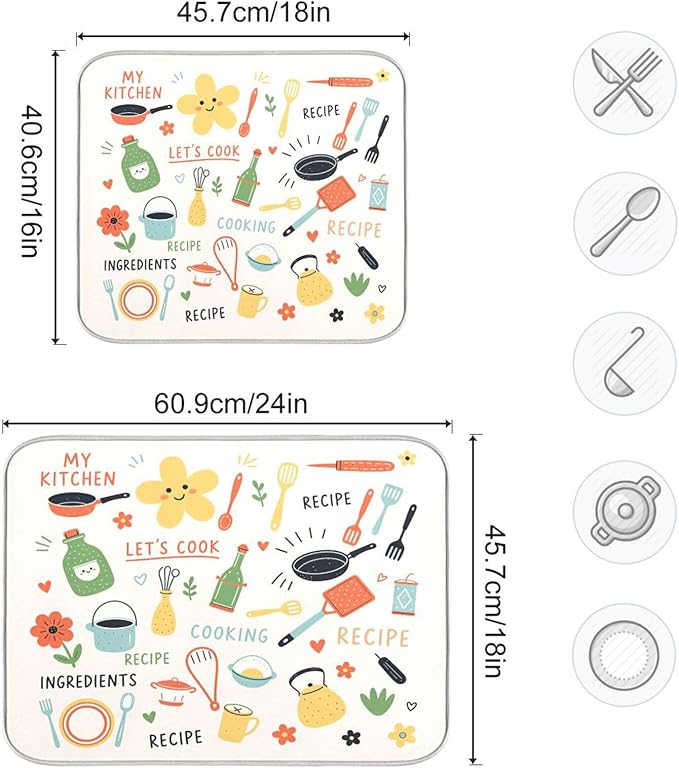 Kitchen Drying Mat Absorbent Dish Drying Mat for Kitchen Counter Kitchen Doodle Pattern Microfiber Drying Mat 18 x 16 Inches