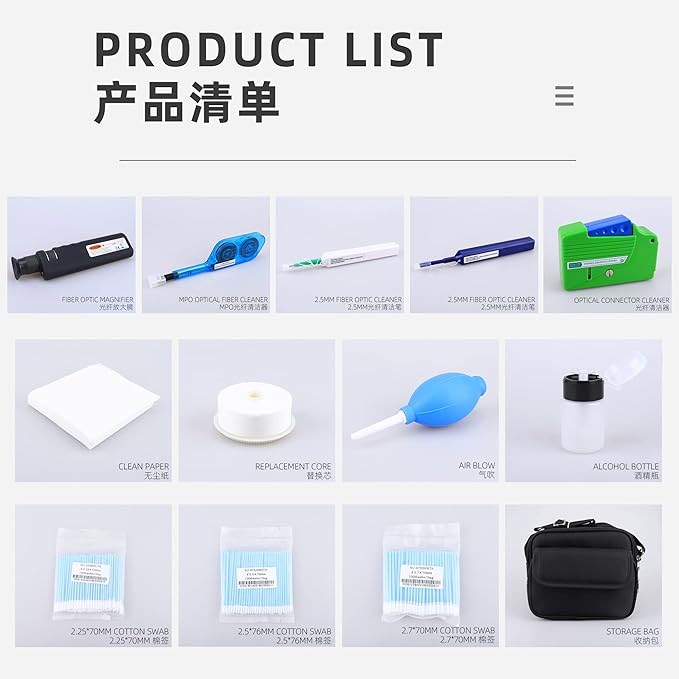 FTTH Fiber Optic Cleaning Kit with Cassette for FC/SC/ST/LC/MU/MPO Connectors - 1.25mm/2.5mm Fiber Cleaner Pen & Microscope