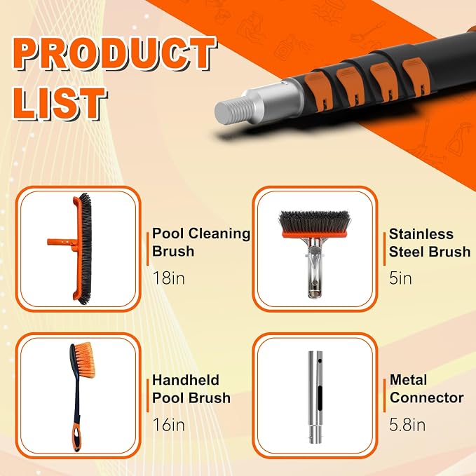 SISIUPASSIE Pool Brush Kit with Pole, Upgrade 18" Pool Brush and High-Efficiency Stainless Steel Bristles Brush with Telescopic Pole for Cleaning Pool Walls, Curved Ends, Tiles & Floors, 20 FT