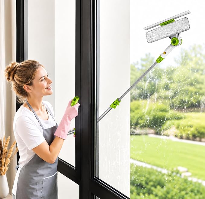 ORIXA Outside Window Cleaner, U Shaped Extendable Squeegee, Detachable Rotatable Glass Squeegee with 2 Wiping Cloth Replacements
