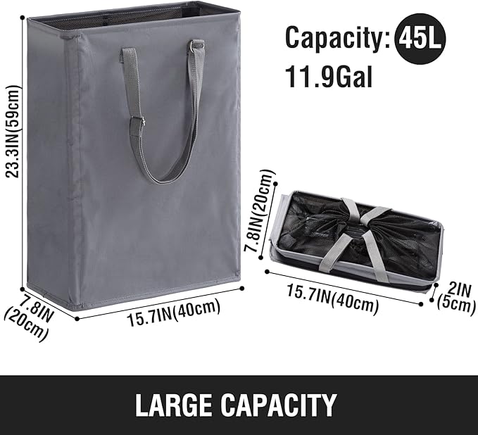 Slim Laundry Hamper with Adjustable Long Handles, 45L Small Laundry Baskets with Mesh Top, Narrow Dirty Clothes Hamper for Bedroom, Closet, and Bathroom - Grey