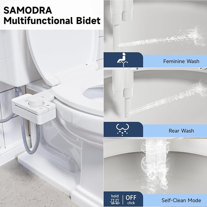 SAMODRA Bidet Attachment for Toilet, Non-Electric Fresh Cold Water Bidet Toilet with Angle Control Dual Nozzle, Adjustable Water Pressure & Self Cleaning Nozzle (1 Unit, WHIET)