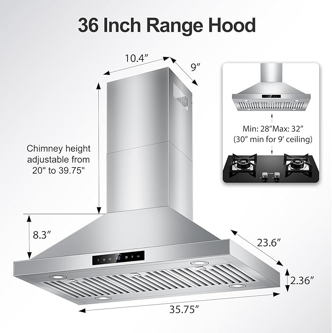 36 inch Island Range Hood Ceiling Mount 1200 CFM with 4-Speed Gesture Sensing & Touch Control, Ducted/Ductless Stainless Steel Kitchen Stove Vent Hoods with 4 LED Lights, Timer,Dishwasher-Safe Filters