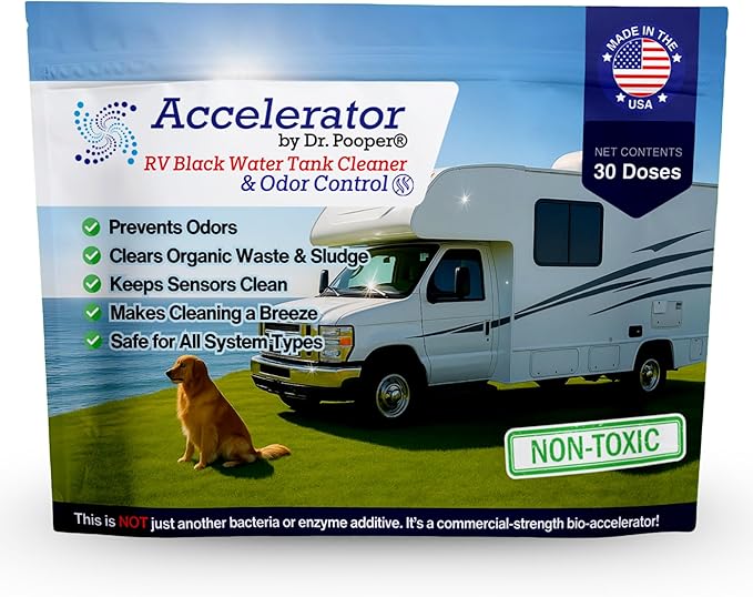 Accelerator by Dr. Pooper RV Black Water Tank Cleaner and Odor Control, Sludge and Waste Remover, Sensor Safe, Non-Toxic, 65 Doses with Scoop, Made in USA