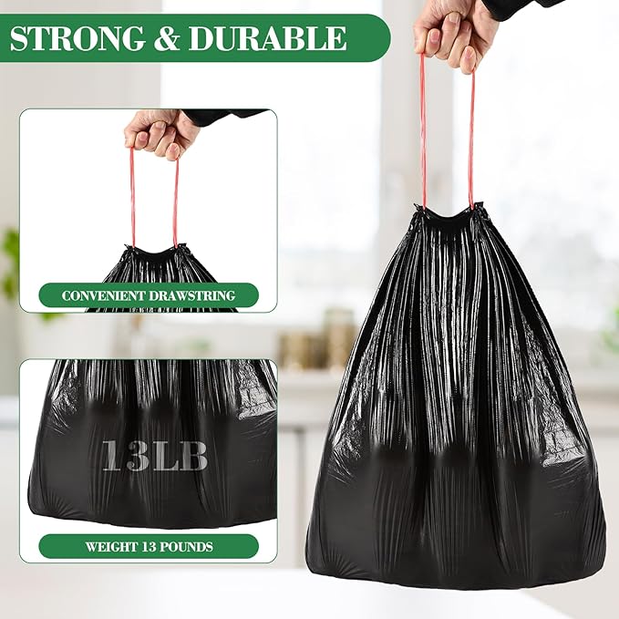 300 Counts 4 Gallon Trash Bag Drawstring Small Trash Bags, Thick Pre-separated Garbage Bags, Trash Bin Liners, Suitable for bathroom, kitchen, bedroom, office (Black)