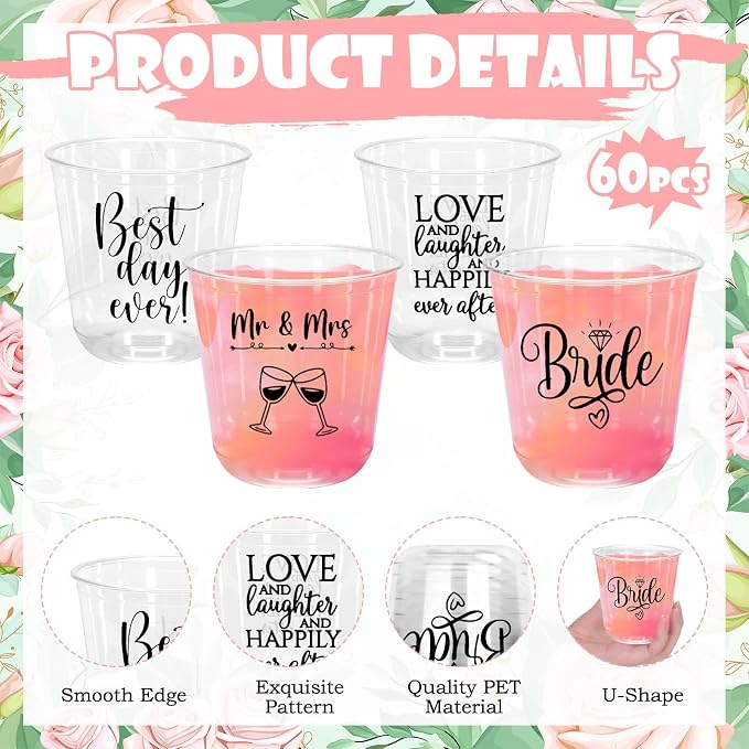 JarThenaAMCS 60Pcs Wedding Disposable Stemless Wine Glasses 12 oz Mr and Mrs Clear Plastic Cocktail Cup PET Drinkware Cups Set for Wedding Bridal Shower Party Supplies