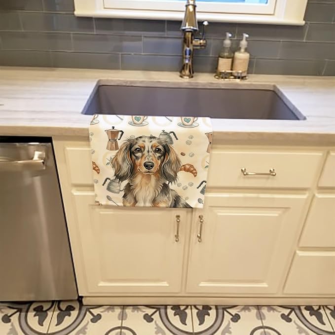 Caroline's Treasures Longhaired Dapple Dachshund Coffee Bar Kitchen Towel Velour Plush Front and Cotton Loop Back Machine Washable