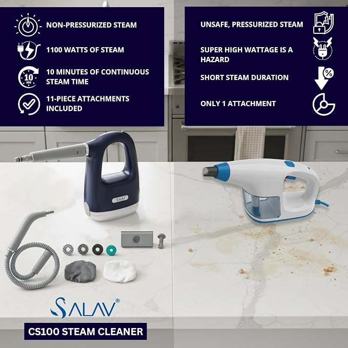 SALAV® CleanSteam Compact Steam Cleaner Pressurized Multi-Surface Handheld Steamer w/11pc Accessories, Safety Lock No-Drip Fast Heat Time Unlimited Use, for Cleaning Windows, Tiles, Grout, Car (Navy)