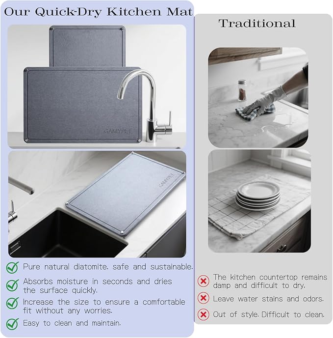 Stone Dish Drying Mat 24"×16" Large Diatomaceous Earth Dishes Quick Dry Pad for Kitchen Counter with Heighten Stainless Steel Feet, Fits Various Countertops & Drain Bowl Racks, Light Gray