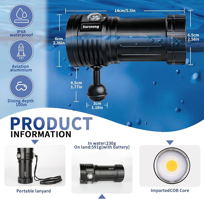 Noctilume N15 6000 Lumens Dive Light - Professional Underwater Video Light with 90 CRI, 6500K White Light, for Scuba Diving/Underwater Photography/Videography (IP68 Waterproof, 80m Depth)