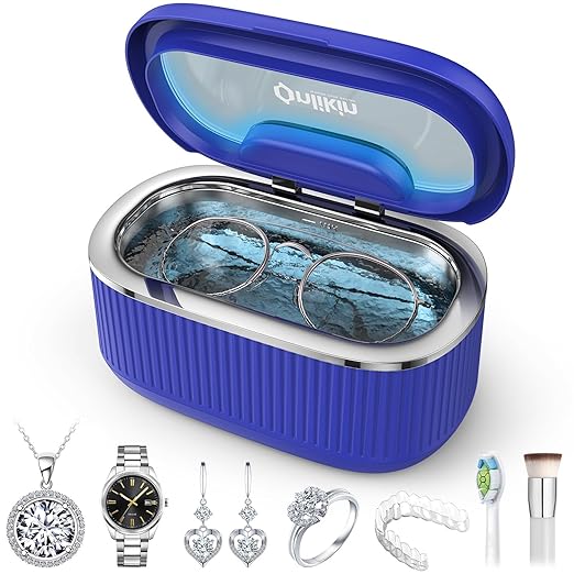 45KHz Ultrasonic Jewelry Cleaner, 5 Timer & 3 Power Modes, 35W Retainer Cleaner for Jewelry, Eyeglasses, Rings, Watch Strap, Dentures - Quiet <38dB, 20oz, 304 Stainless Steel (Sapphire blue)